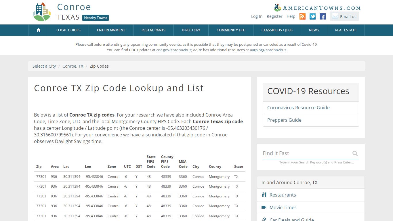 Conroe Texas Zip Codes - Zip Code Lookup - AmericanTowns.com