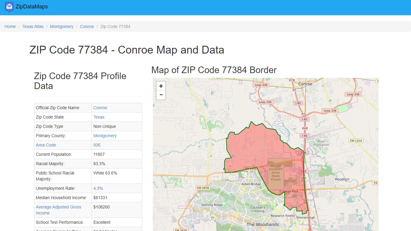 ZIP Code 77384 - Conroe Map and Data - Zipdatamaps.com